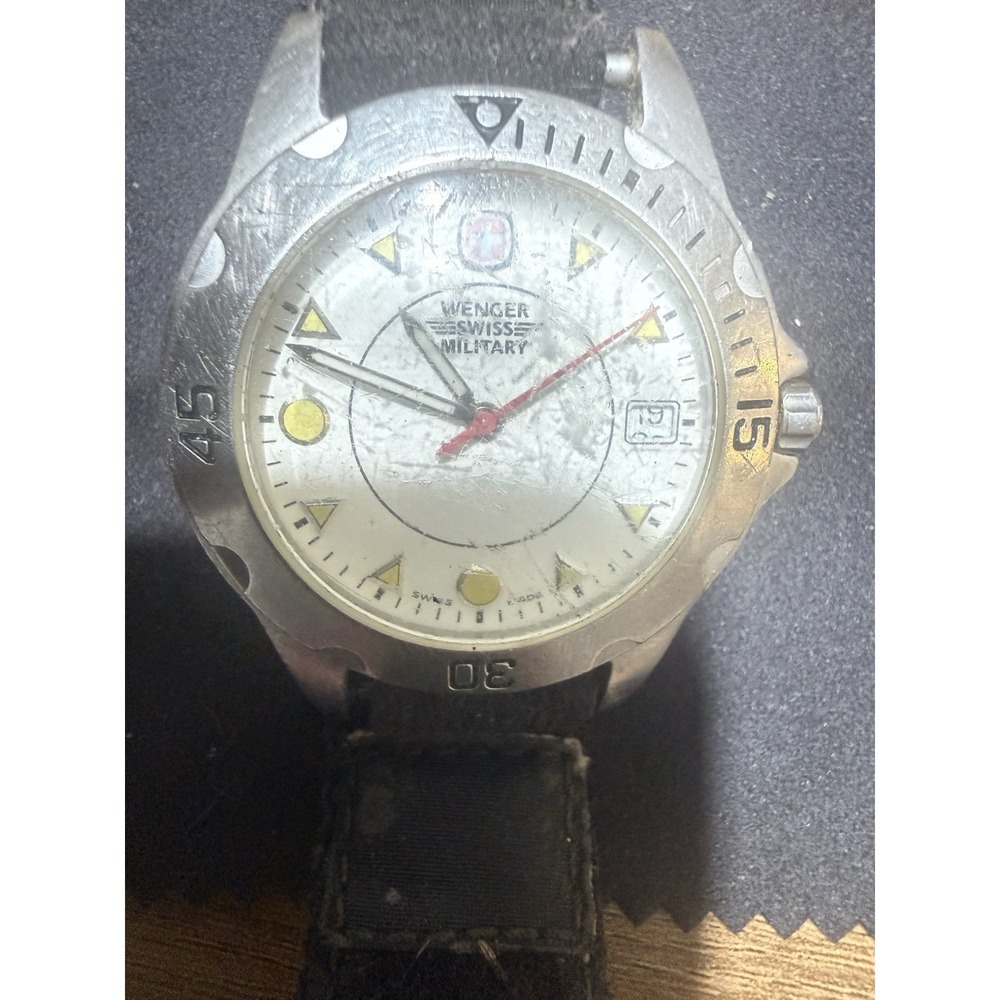Wenger Swiss Military Watch Women Silver Tone Black Nylon Strap 7907X Works